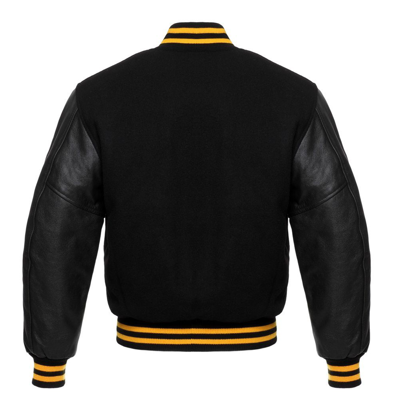 Letterman Varsity Jacket Wool & Real Leather Black/Gold Lines - SKAF IMPEX