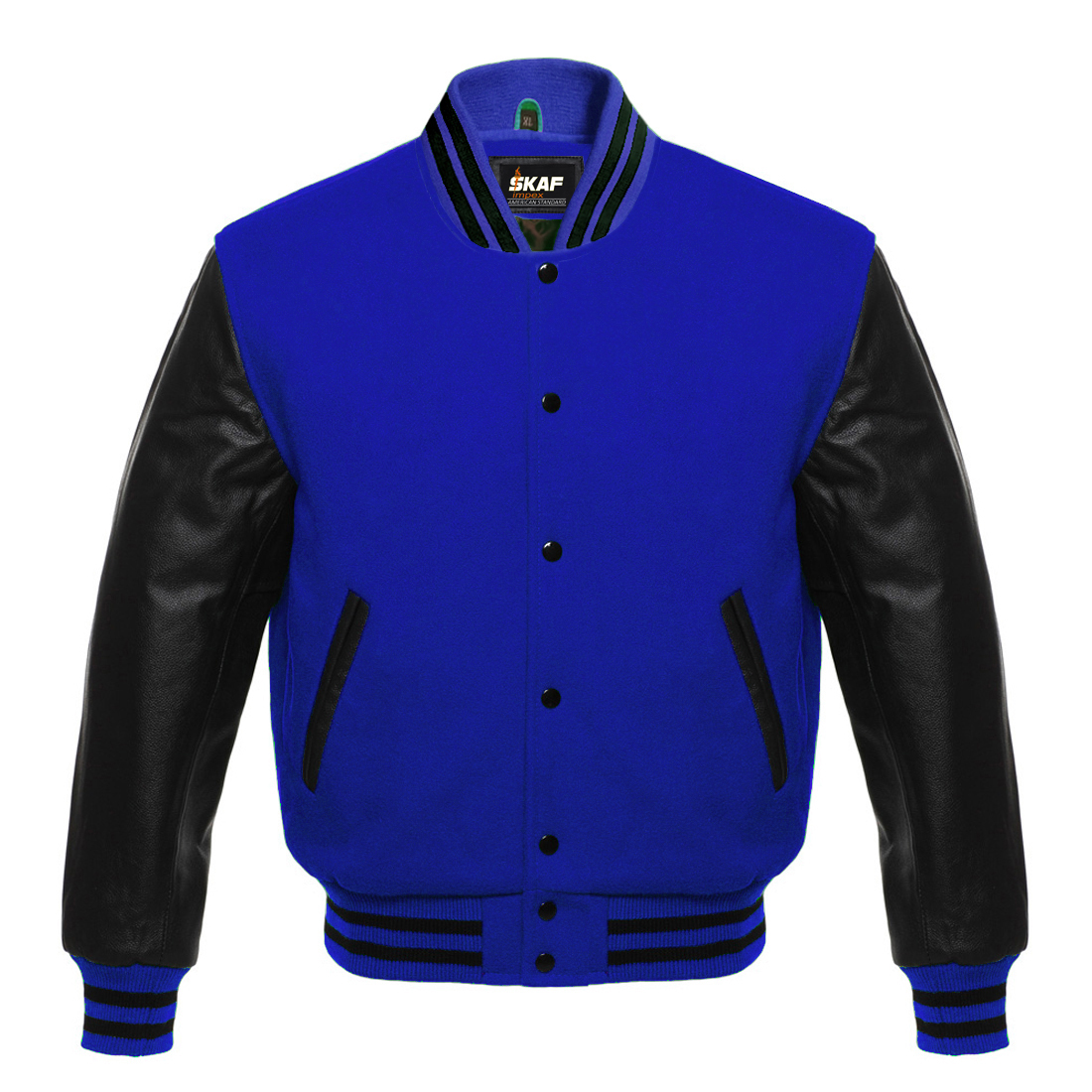 Letterman Varsity Jacket Wool & Real Leather Royal Blue/Black - SKAF IMPEX