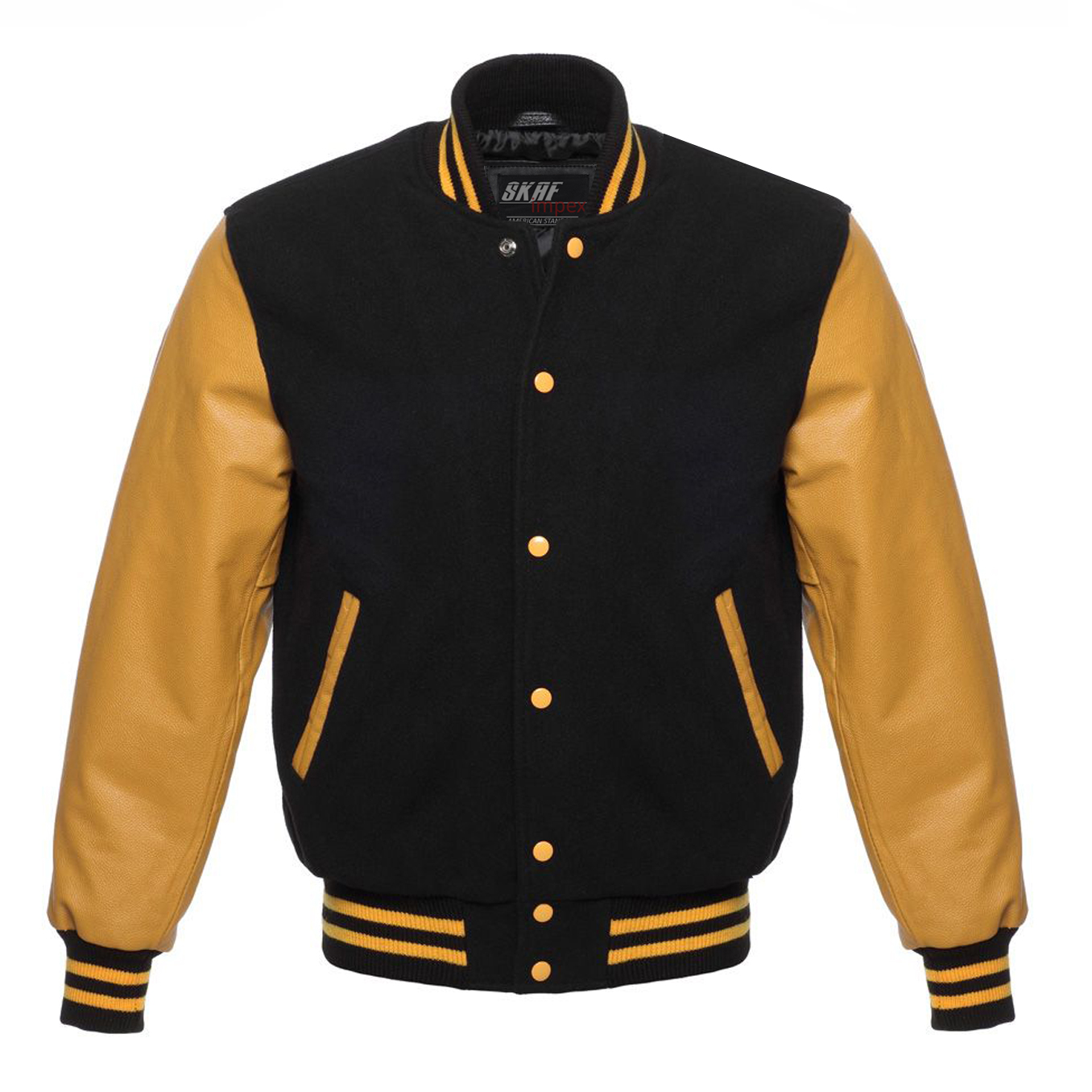 Letterman Varsity Jacket Wool & Real Leather Black/Gold – SKAF IMPEX