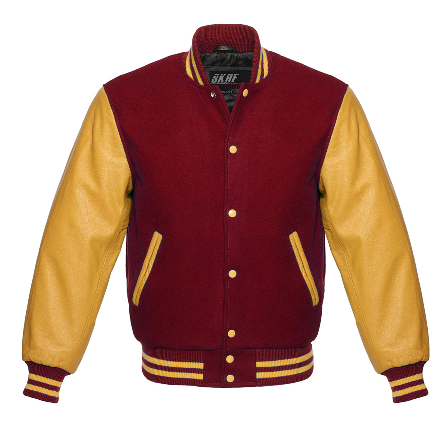Letterman Varsity Jacket Wool & Real Leather Cardinal/Gold - SKAF IMPEX