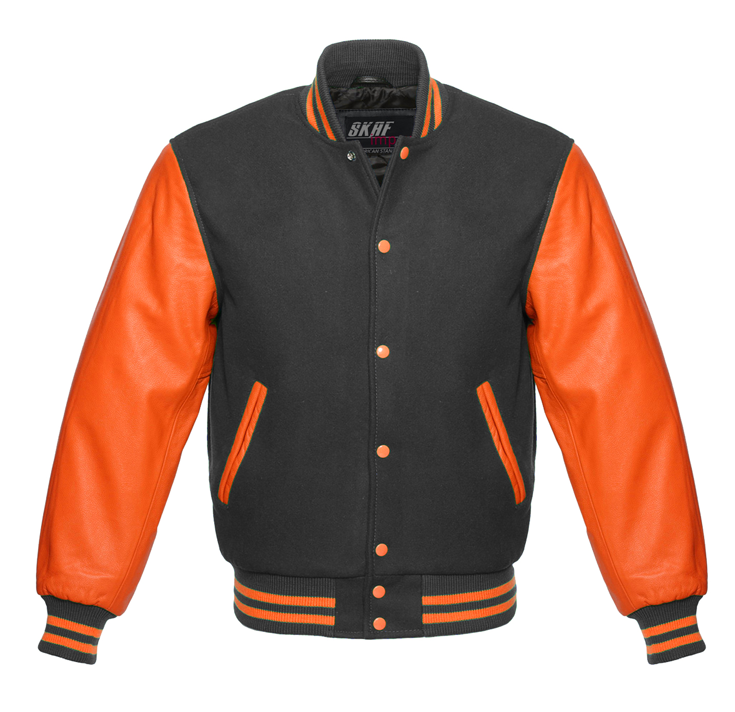 Letterman Varsity Jacket Wool & Real Leather Dark Gray/Orange - SKAF IMPEX