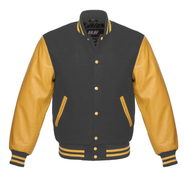 Letterman Varsity Jacket Wool & Real Leather Dark Gray/Gold - SKAF IMPEX