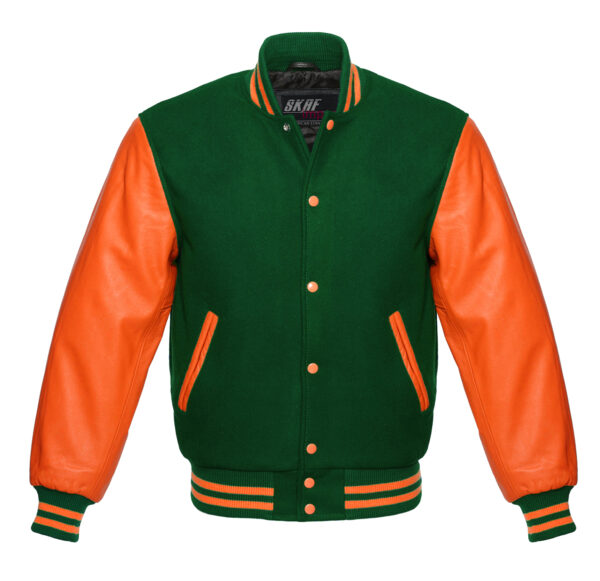 Letterman Varsity Jacket Wool & Real Leather Forest Green/Orange - SKAF ...