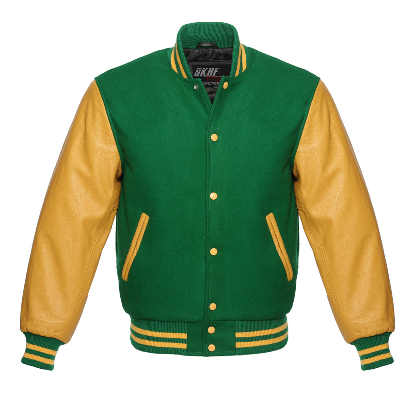 Letterman Varsity Jacket Wool & Real Leather Green/Gold - SKAF IMPEX
