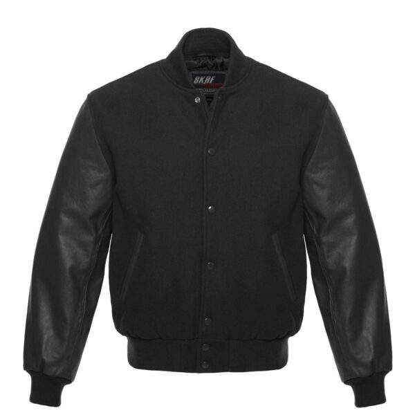 Letterman Varsity Jacket Wool & Real Leather Solid Black - SKAF IMPEX