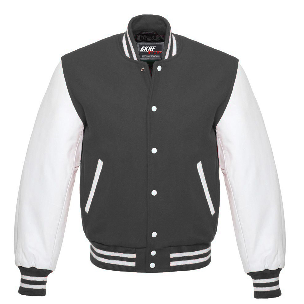 thumbnail image 2 of SJI Men's Black Varsity Bomber Jacket With Genuine Leather Sleeves - Wool Body, Band Collar, S-5XL 2 of 5