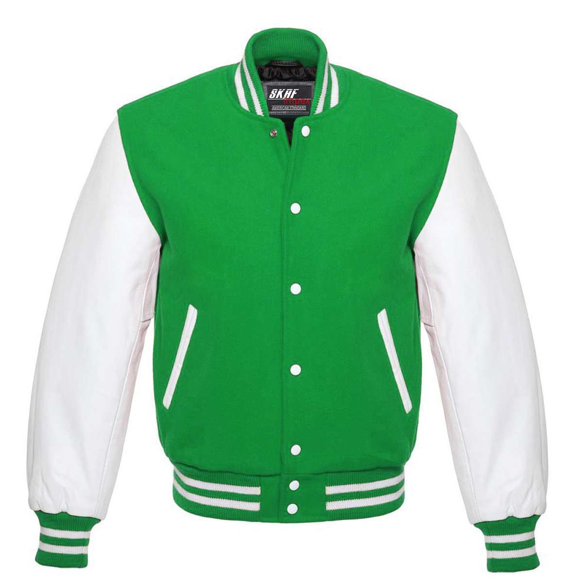 Letterman Varsity Jacket Wool & Real Leather Green/White - SKAF IMPEX
