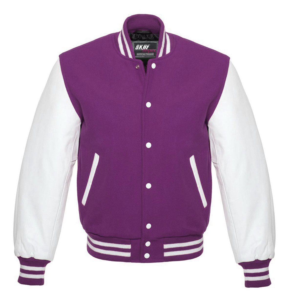 Letterman Varsity Jacket Wool & Real Leather Purple/White - SKAF IMPEX