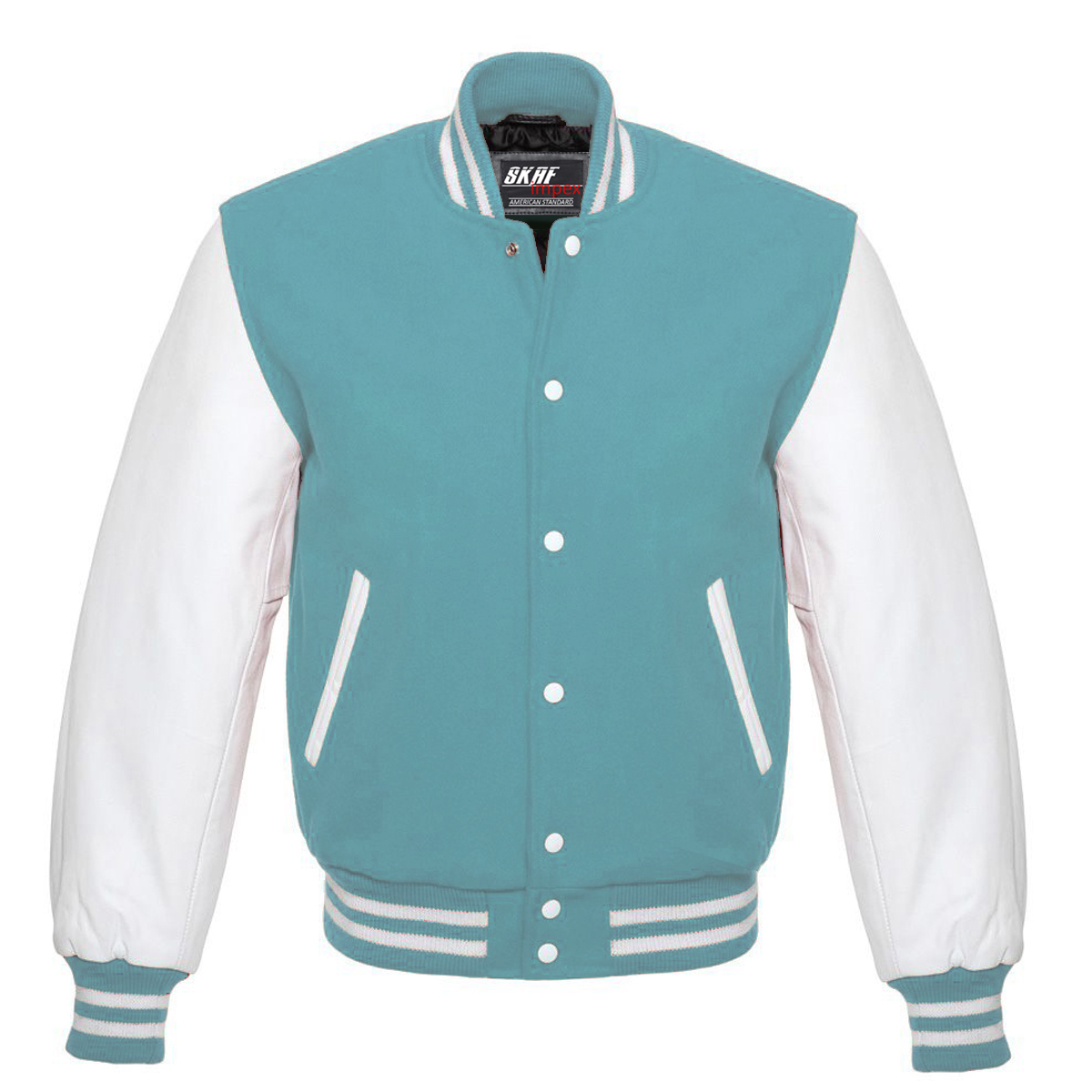 Letterman Varsity Jacket Wool & Real Leather Sky Blue/White - SKAF IMPEX