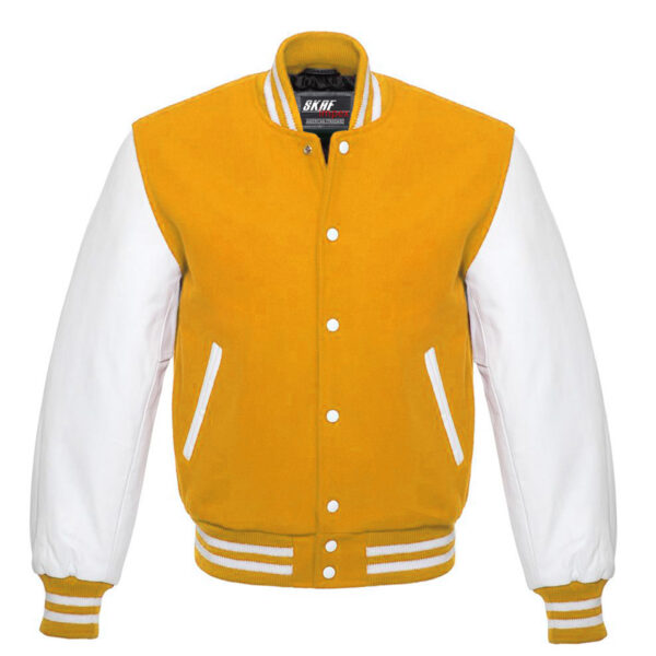 Letterman Varsity Jacket Wool & Real Leather Yellow/White - SKAF IMPEX