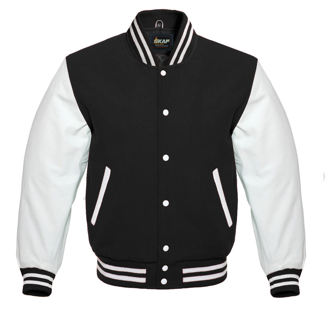 Letterman Varsity Jacket Wool & Real Leather Black/White - SKAF IMPEX