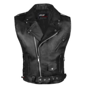 Men's Genuine Cowhide Leather Motorcycle Zipper Waistcoat S1S