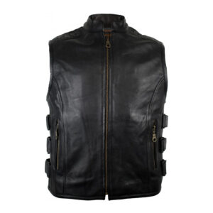 Men's Genuine Cow Leather SWAT Bulletproof Style Motorcycle Waistcoat Vest S30