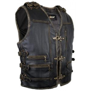 Men's Genuine Cow Leather Heavy Antique Zipper Motorcycle Waistcoat Vest S6-A