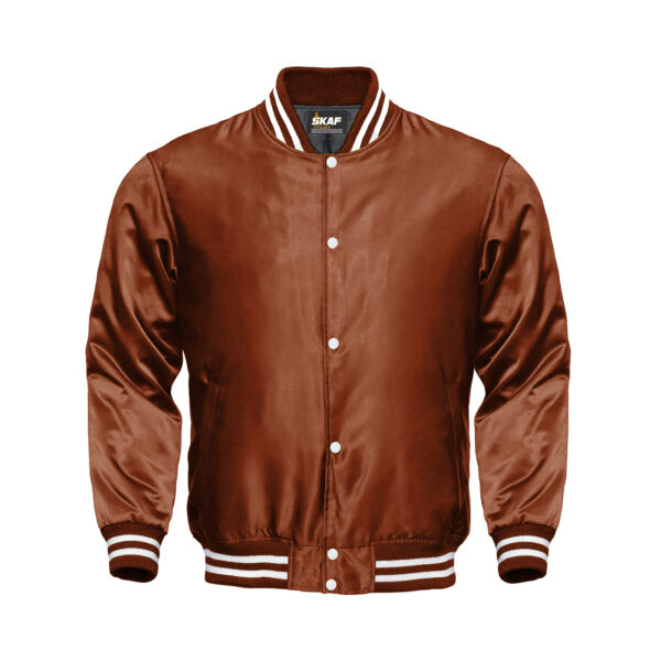 Light Weight Satin Bomber Varsity Jacket - Brown