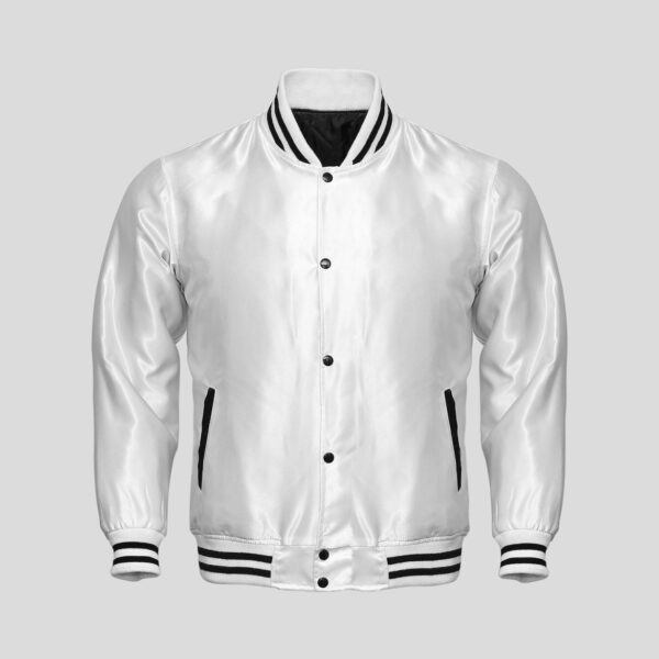 Light Weight Satin Bomber Varsity Jacket – White – SKAF IMPEX