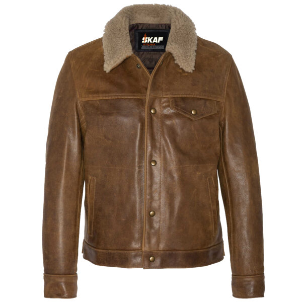 Trucker Buffalo Leather Jacket with sheep collar