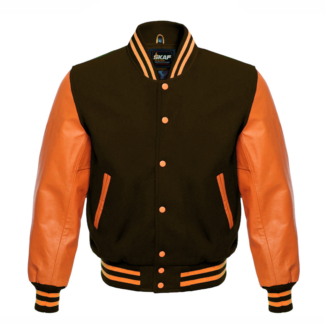 Letterman Varsity Jacket Dark Brown Orange Line Wool Body & Real Orange ...